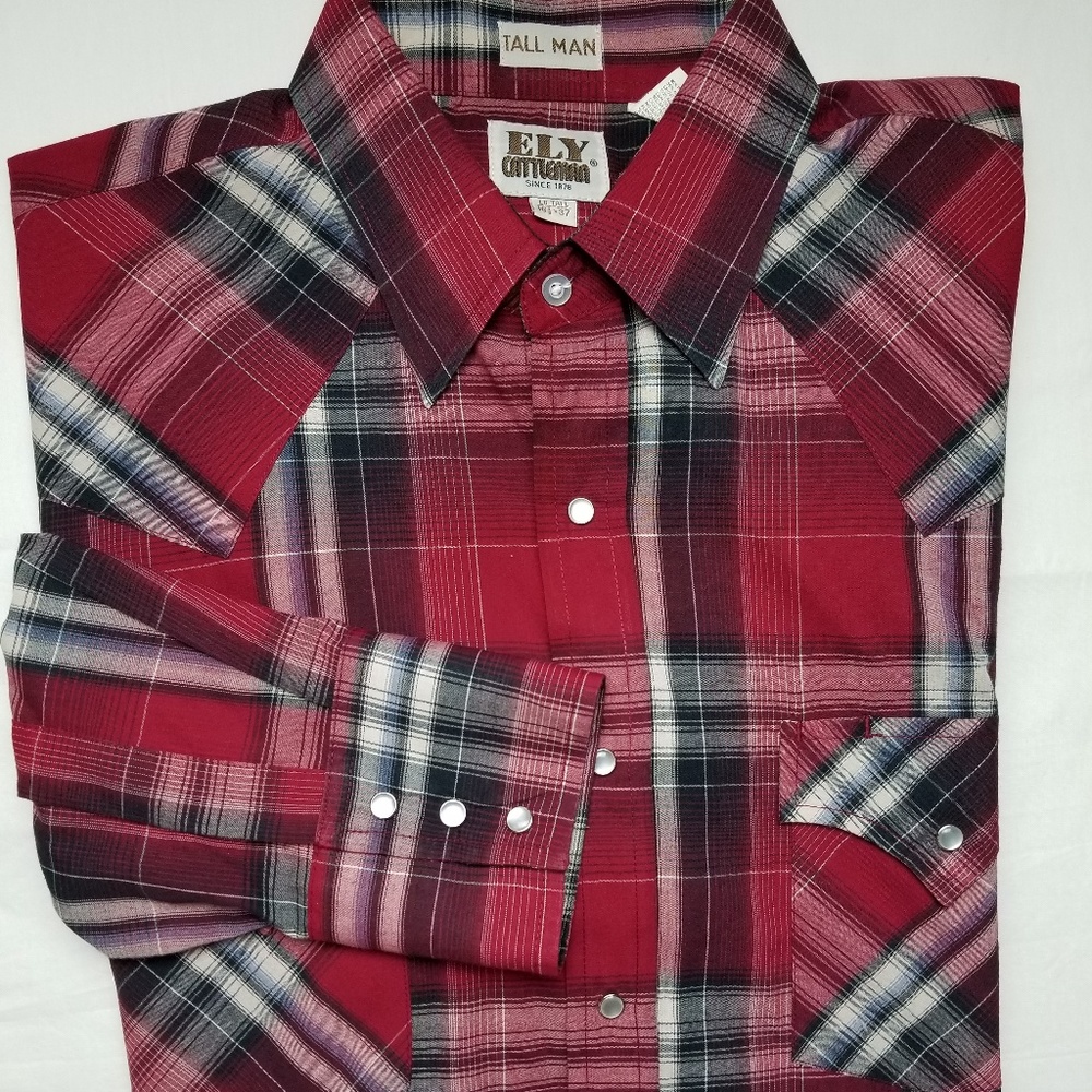 Ely Cattleman Men Plaid Shirt Pearl Snap 16.5 x 37